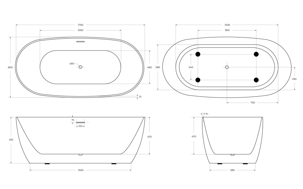 Акриловая ванна BELBAGNO BB415-1700-800