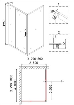 Душевое ограждение Niagara Nova NG-43-10AG-A80G (100х80х195) прямоугольник,золото,двери распашные,стекло прозрачное,2 места
