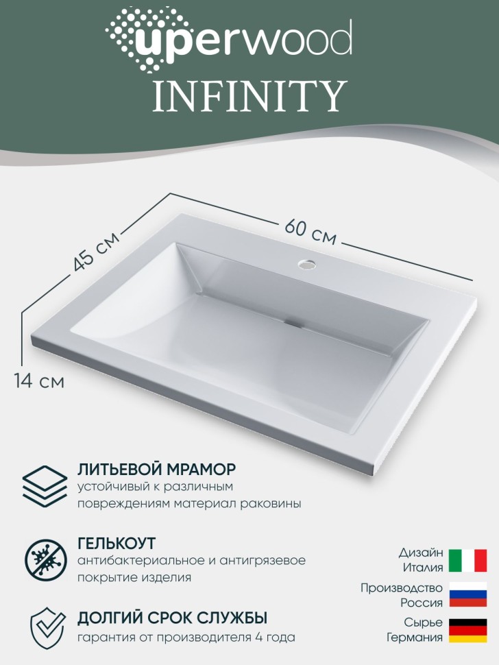 Раковина для ванной Uperwood Self 80х45х13,5 см, белая глянцевая