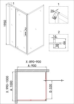 Душевое ограждение Niagara Nova NG-43-10AG-A90G (100х90х195) прямоугольник,золото,двери распашные,стекло прозрачное,2 места