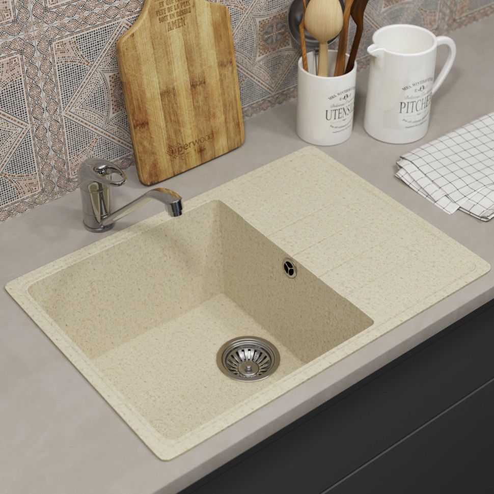Кухонная мойка из искусственного камня Uperwood ECON UPD-506-002, прямоугольная, бежевая матовая