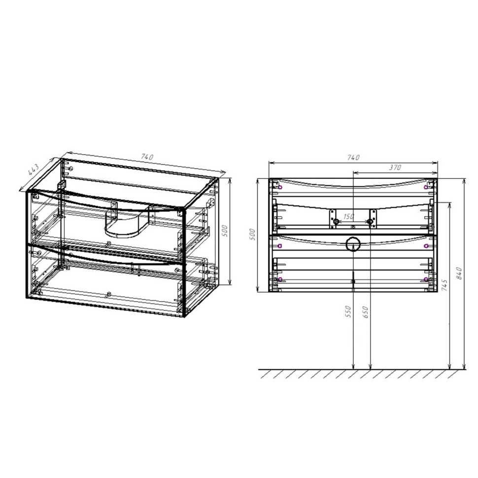 База под раковину Mia 750 подвесная, 2 выкатных ящика soft close, R.Wood