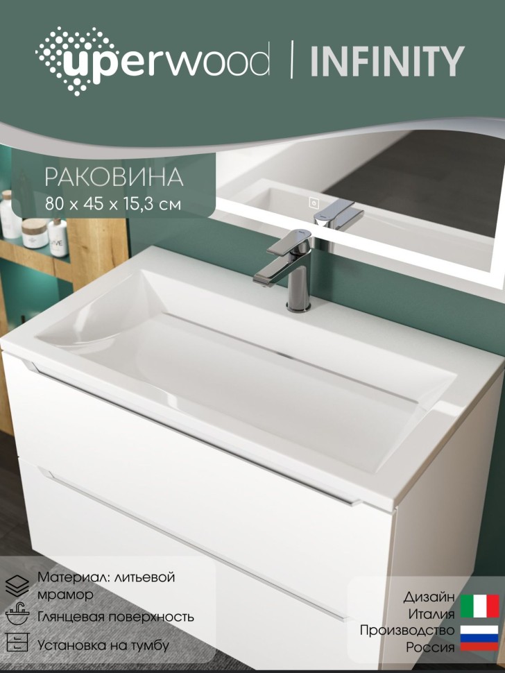 Раковина для ванной 70 см, Uperwood Infinity, белая глянцевая