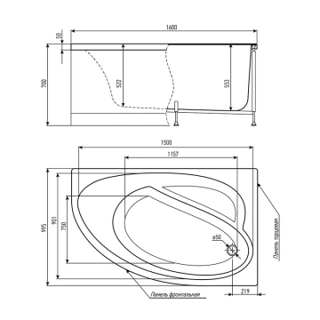 Комплект Акриловая ванна TIMO IVA1610R 160*100*70+Каркас + Слив-перелив+Гидромассаж 6 форсунок+Гидромассаж спины 3 форсунки+Фронтальная панель