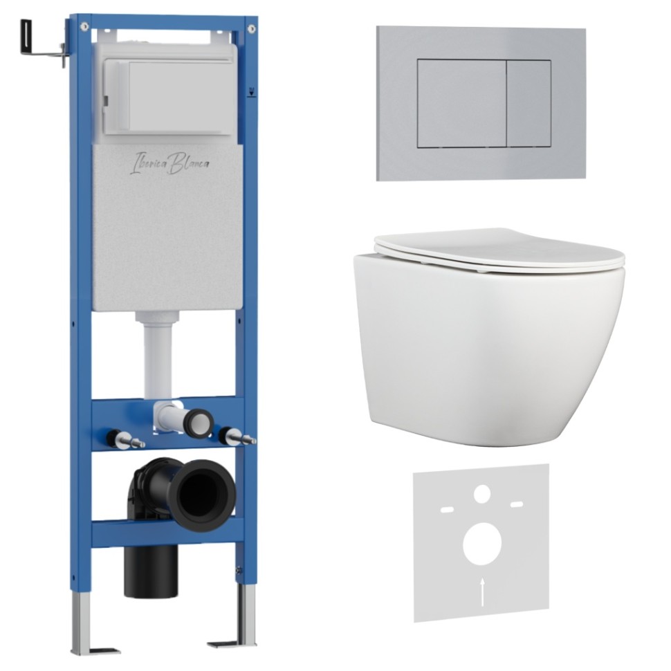 Комплект 3в1 IBERICA BLANCA инсталляция SILENCIO MINI, унитаз BILBAO ALTO белый, кнопка смыва ESTI-S хром матовый (IB.001M.BLA.231.853)