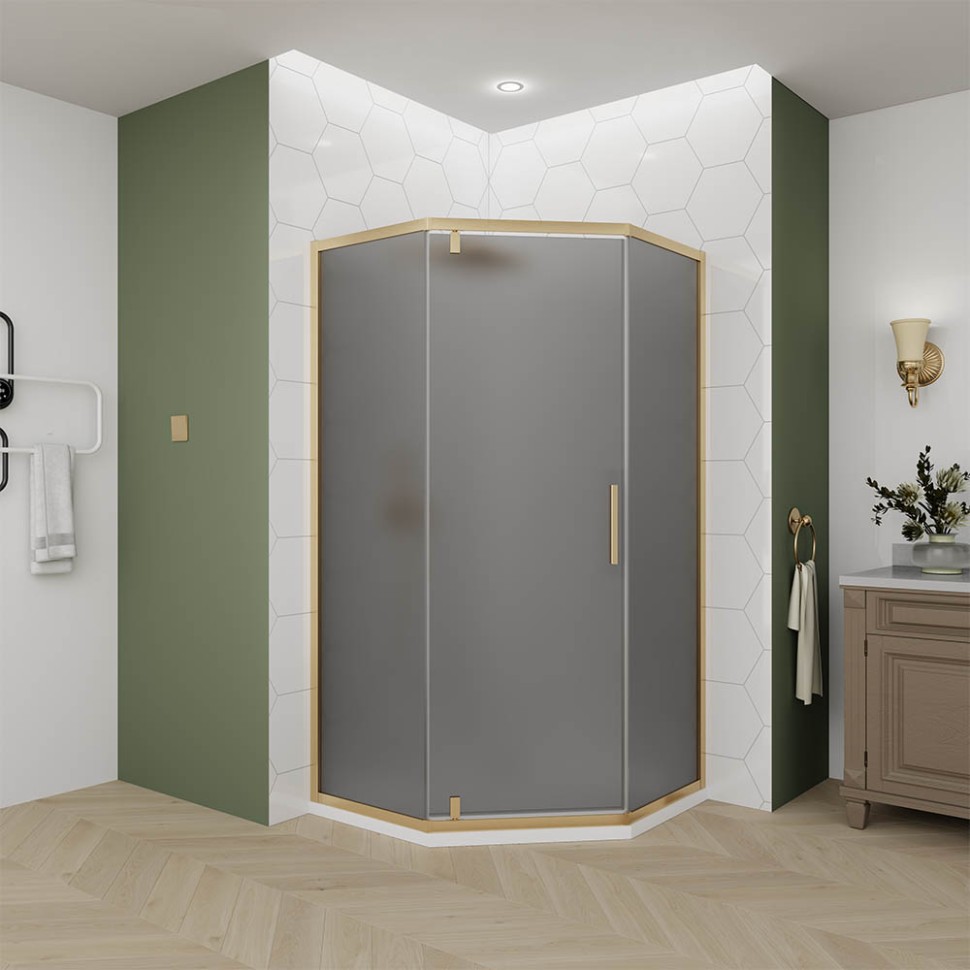 Душевой угол Veconi Ottimo P10 G, 1000x1000x1900, золото брашинг, стекло тонированное матовое