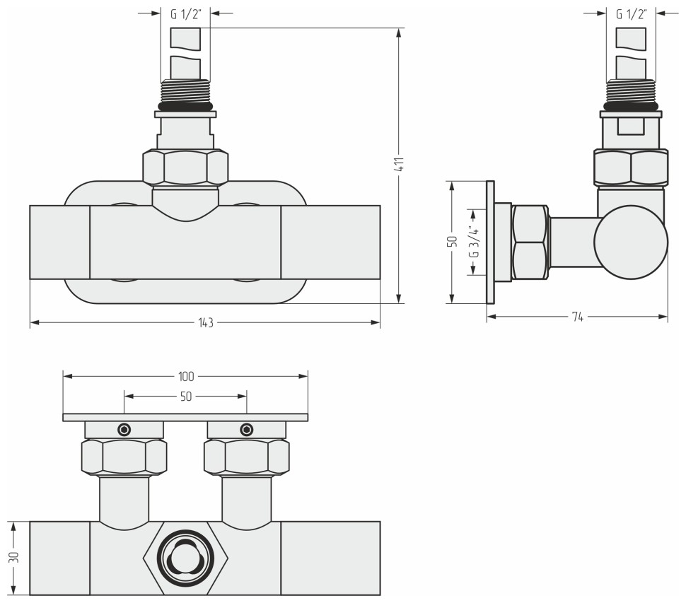 Вентиль угловой EU50 (1 х G 1/2" НР х G 3/4" НГ)