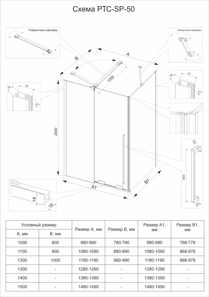 Душевой угол Premium Trento PTC-SP-50GR, 1000х1000x2000, брашированный графит, стекло прозрачное