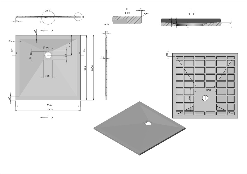 Поддон для душа из искусственного камня VST-4SR1010W, 1000*1000*25, белый матовый