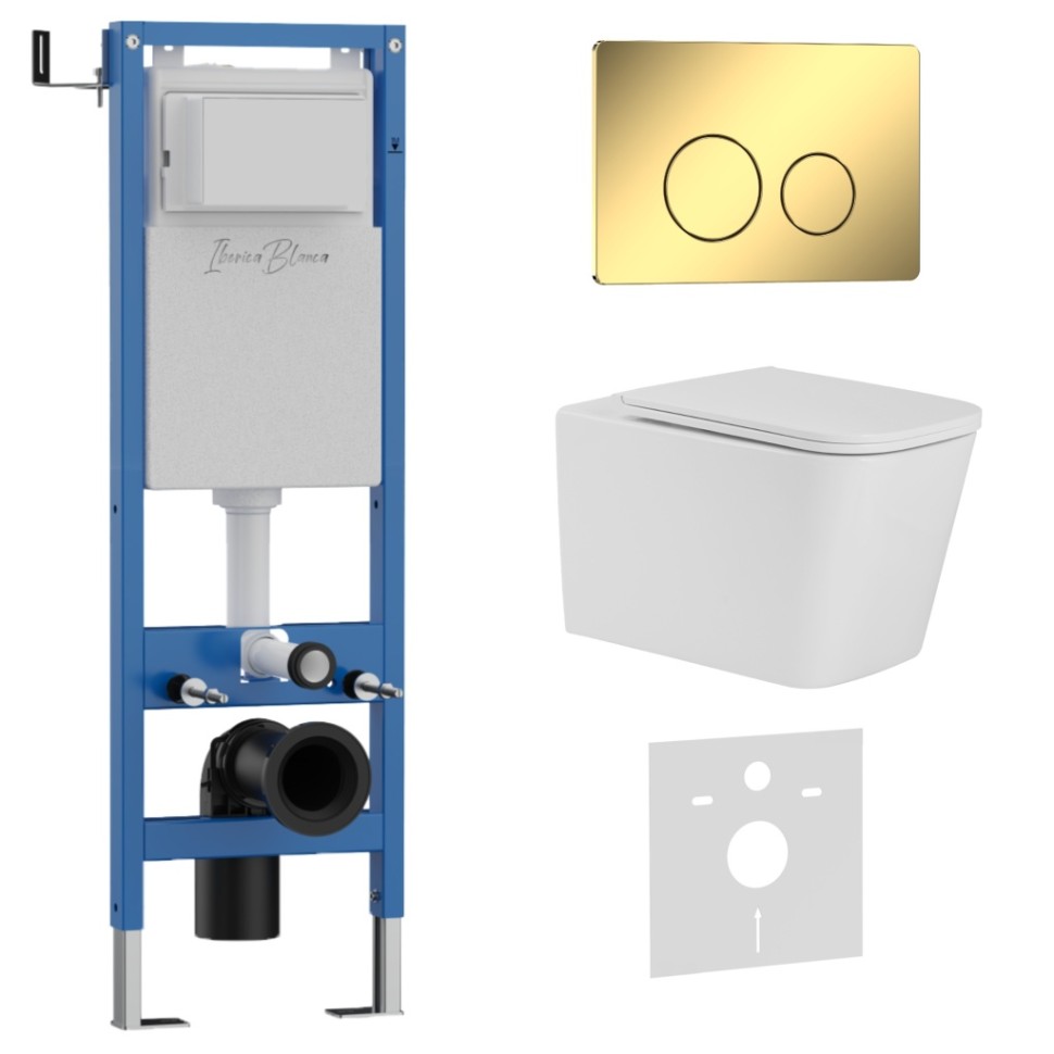 Комплект 3в1 IBERICA BLANCA инсталляция SILENCIO MINI, унитаз TOLEDO ALTO белый, кнопка смыва INOX-O золото глянцевое (IB.001M.TLA.234.816)