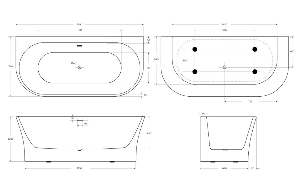 Акриловая ванна BELBAGNO BB711-1700-750