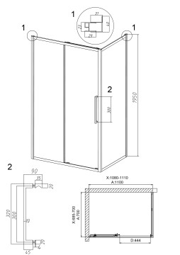 Душевое ограждение Grossman Cosmo 100.K33.02.110.32.00-200.K33.02.70.32.00 (110х70х195) раздвижная,золото сатин,стекло прозрачное,2 места
