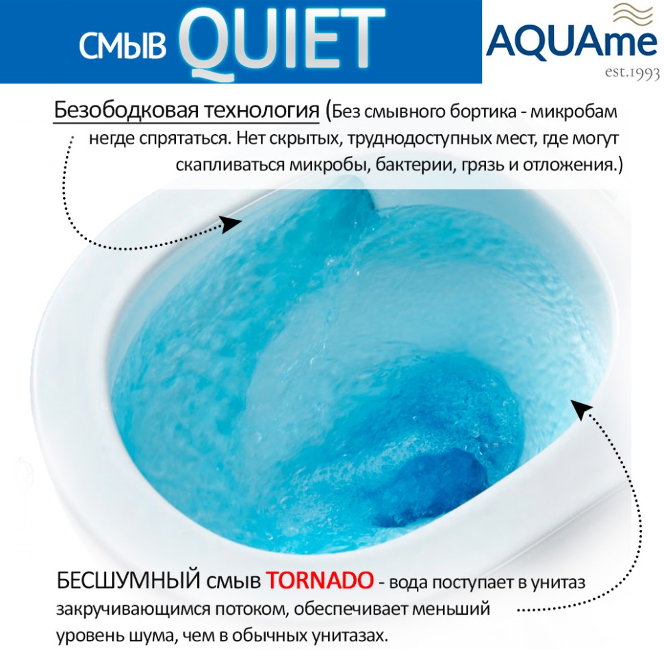Унитаз подвесной с сиденьем SoftClose, смыв QUIET, скрытый крепеж. 520x365x360 AQM2002LPRO
