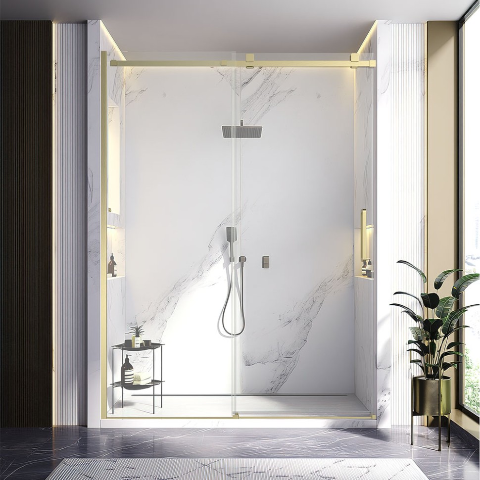 Душевая дверь Veconi Vianno VN-75G, 1500x2000, золото брашинг, стекло прозрачное