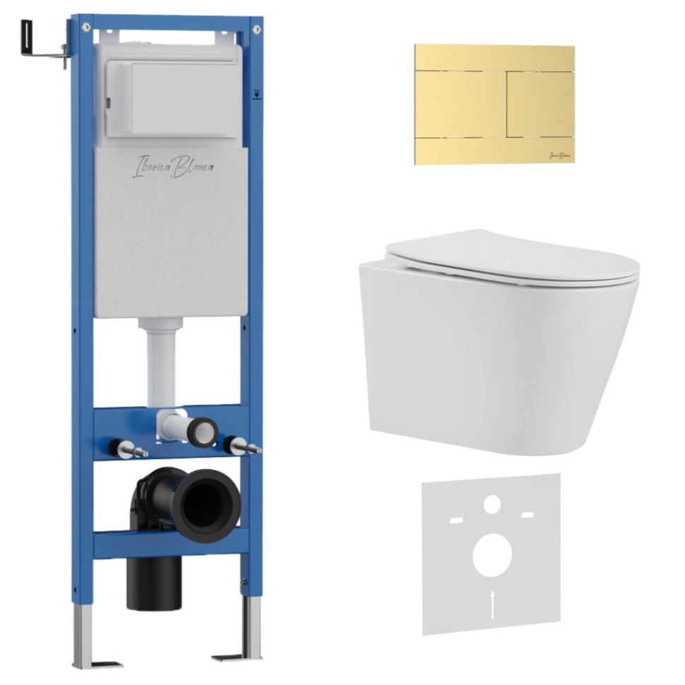 Комплект 3в1 IBERICA BLANCA инсталляция SILENCIO MINI, унитаз BURGOS ALTO белый, кнопка смыва INOX-R золото матовое (IB.001M.BRA.231.1503)