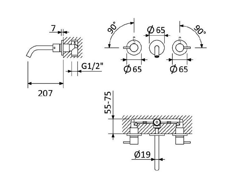 Смеситель для раковины встраиваемый CEZARES LEAF-BLI3L-20-L-SR