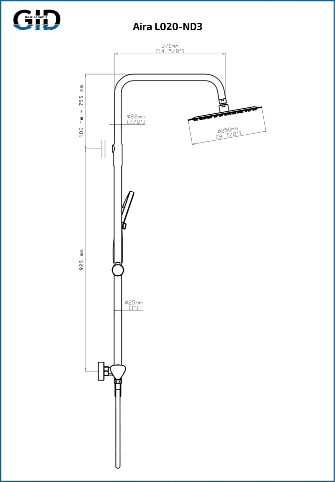 Душевая система наружного монтажа Aira L020-GM-ND3