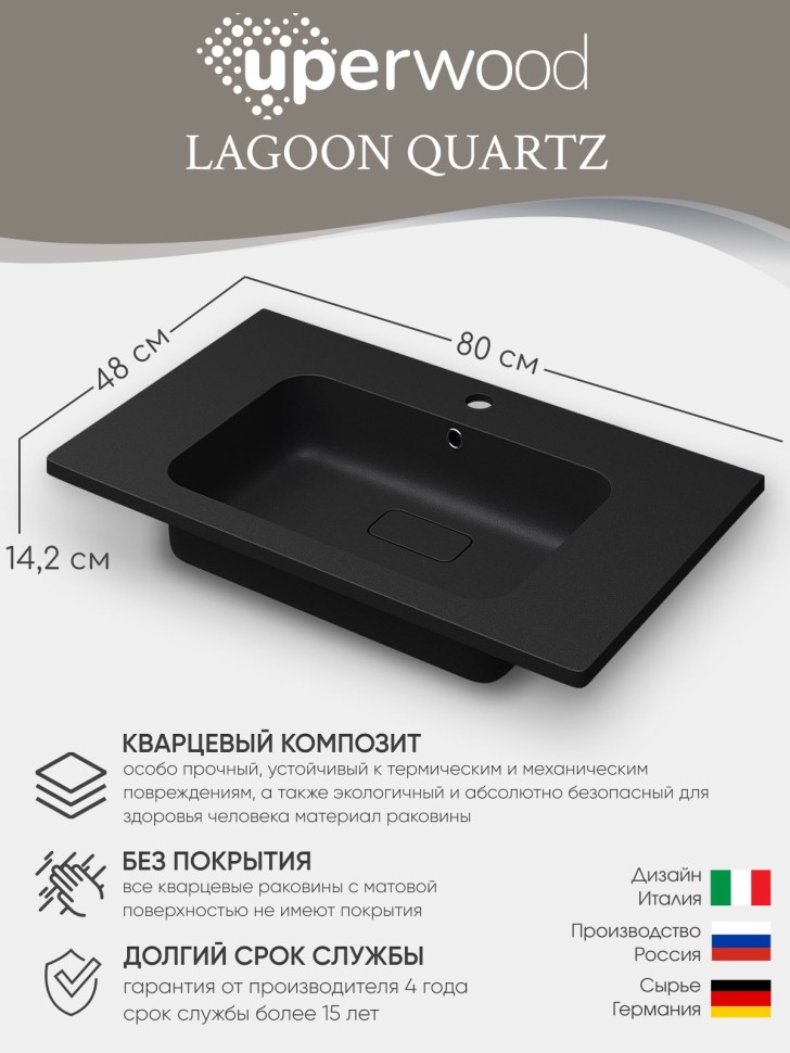 Раковина для ванной кварцевая Uperwood Lagoon Quartz 80х48х14,2 см, черная матовая, уголь