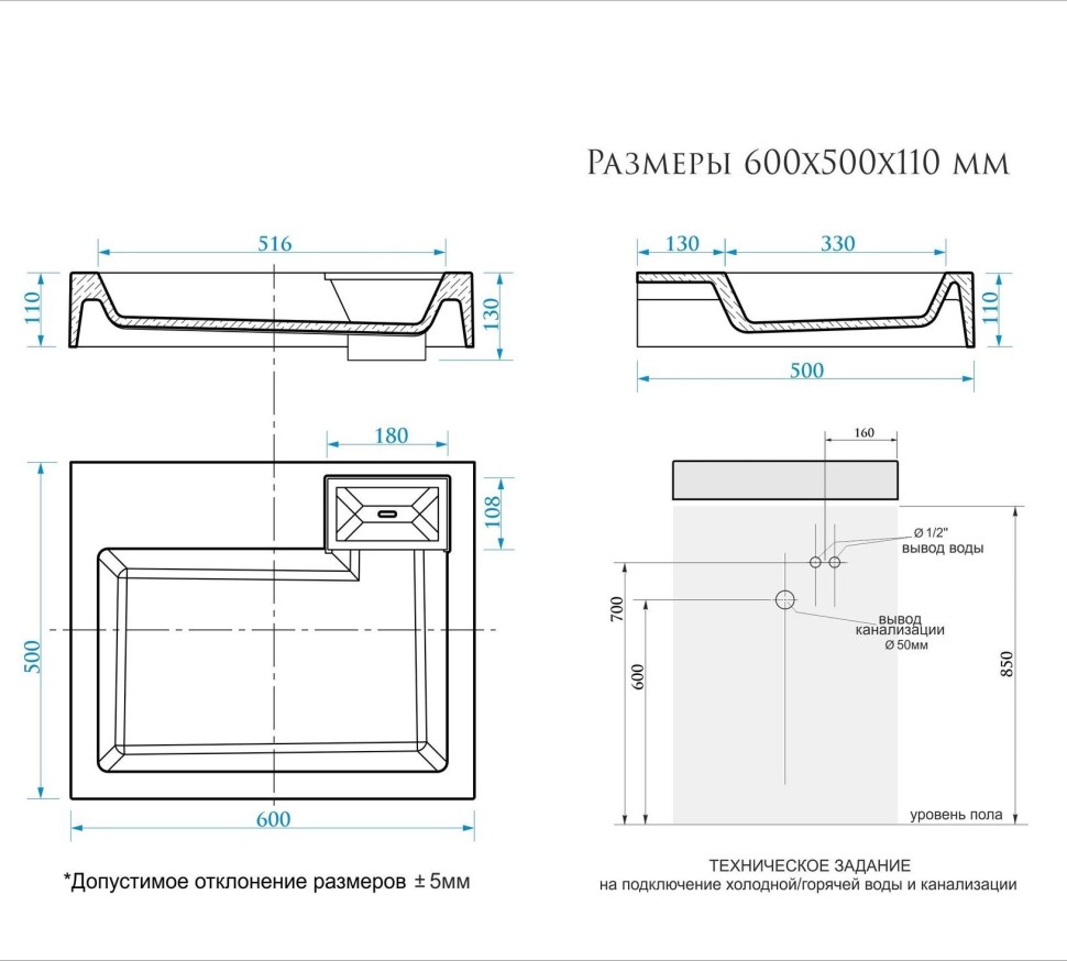 Раковина над стиральной машиной Uperwood Vission 60х50х11 см, белая глянцевая