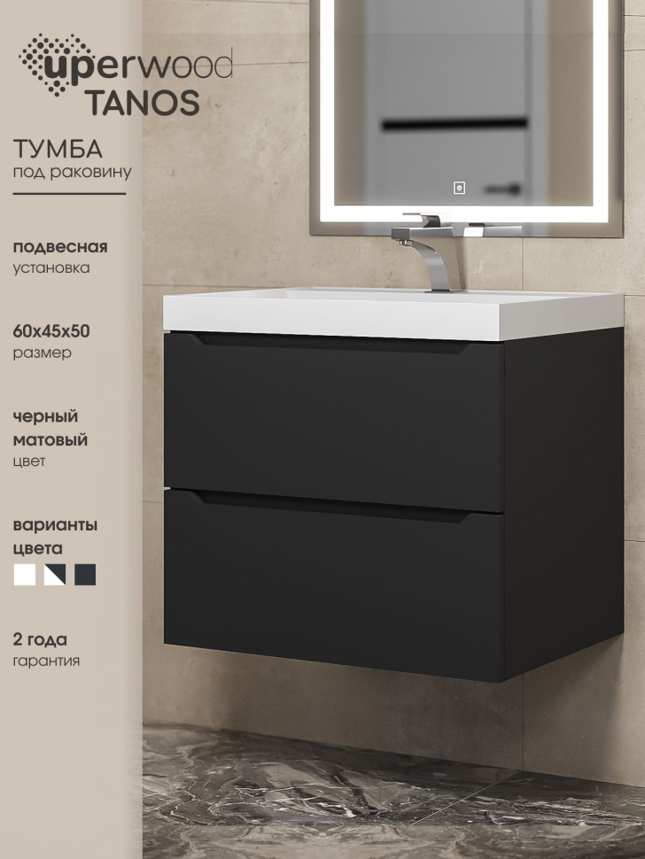 Тумба под раковину для ванной Uperwood Tanos 60 см, подвесная, черная матовая