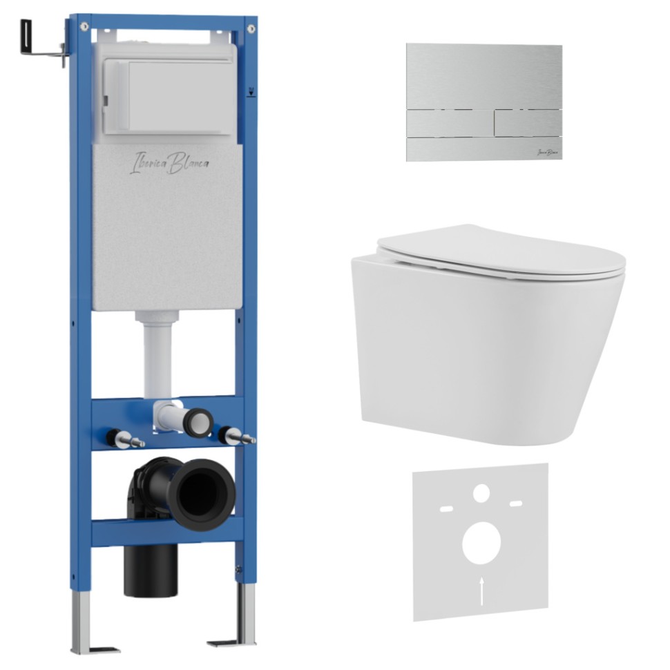 Комплект 3в1 IBERICA BLANCA инсталляция SILENCIO MINI, унитаз BURGOS ALTO белый, кнопка смыва INOX-S хром матовый (IB.001M.BRA.231.1601)