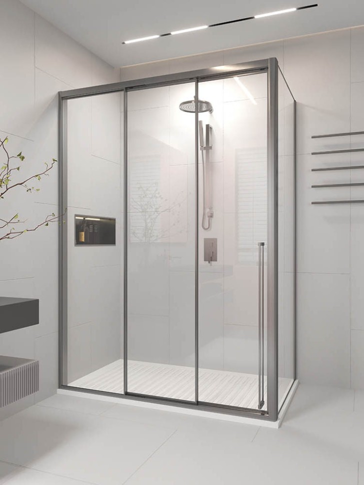 Душевой угол раздвижной Veconi Premium Ptato 300 SP GR-L, 1400х900x2000, брашированный графит, стекло прозрачное
