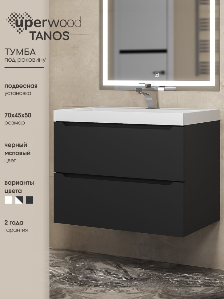 Тумба под раковину для ванной Uperwood Tanos 70 см, подвесная, черная матовая