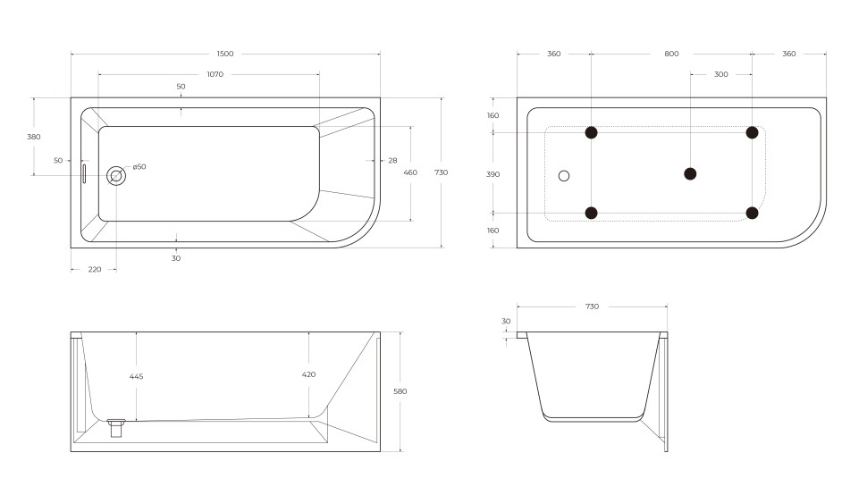 Акриловая ванна BELBAGNO BB712-1500-730-L