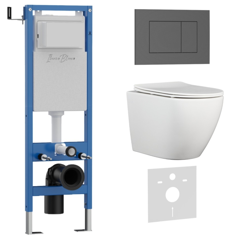 Комплект 3в1 IBERICA BLANCA инсталляция SILENCIO MINI, унитаз BILBAO ALTO белый, кнопка смыва ESTI-S серый матовый (IB.001M.BLA.234.856)