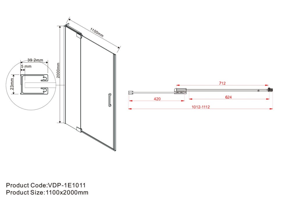 Душевая дверь Extra VDP-1E1011CLB, 1000/1100, черный, стекло прозрачное