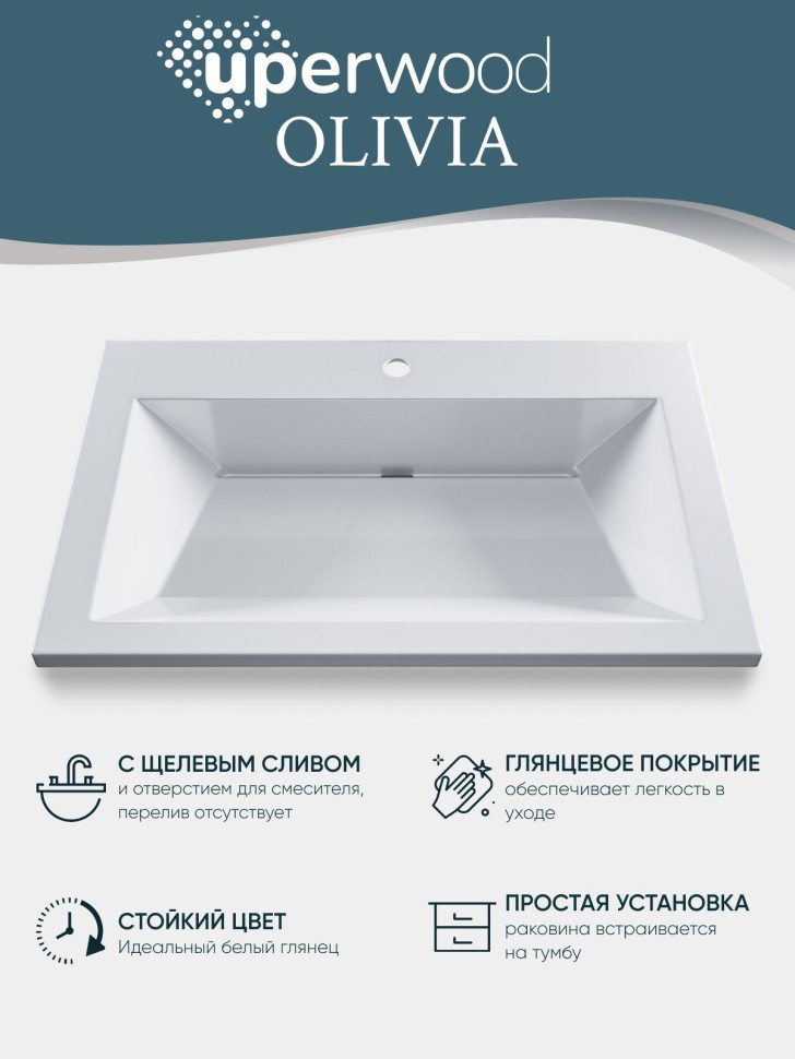 Раковина для ванной 60 см, Uperwood Olivia, с щелевым сливом, белая глянцевая
