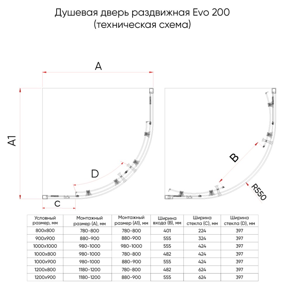 Душевой угол Veconi Evo 200 B, 1000х1000x1950, черный матовый, прозрачное стекло