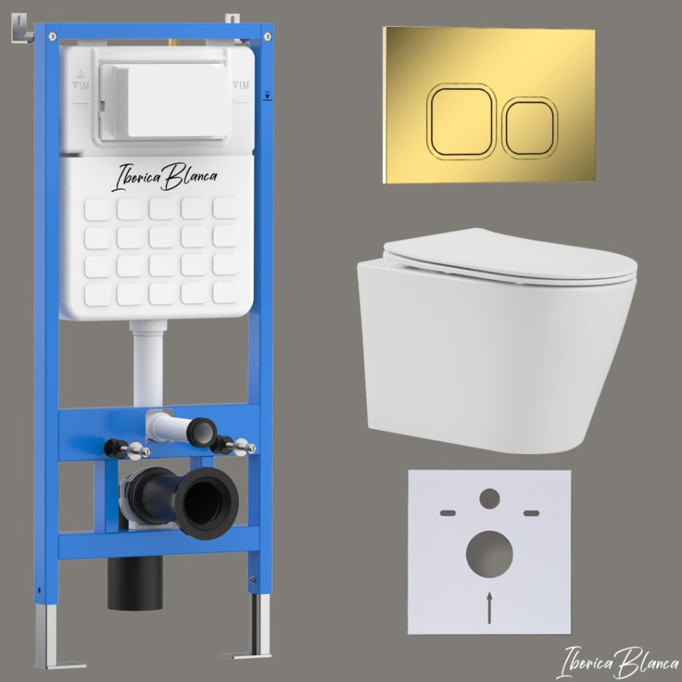 Комплект 3в1 IBERICA BLANCA инсталляция SILENCIO, унитаз BURGOS ALTO белый, кнопка смыва ESTI-Q золото глянцевое (IB001.BRA.231.836)