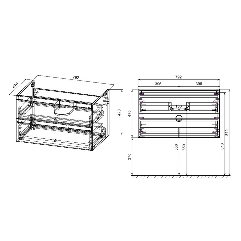 База под раковину Luka 800 подвесная, 2 выкатных ящика soft-close, T.Oak