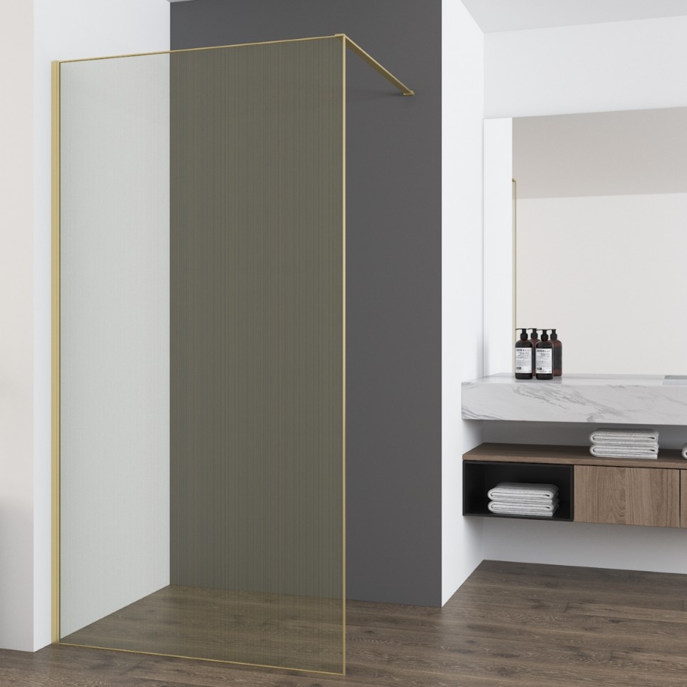 Душевая перегородка Walk-In VSW-7HS100GWG, 1000*2000, браш.золото, стекло ламинир. с золотыми нитями