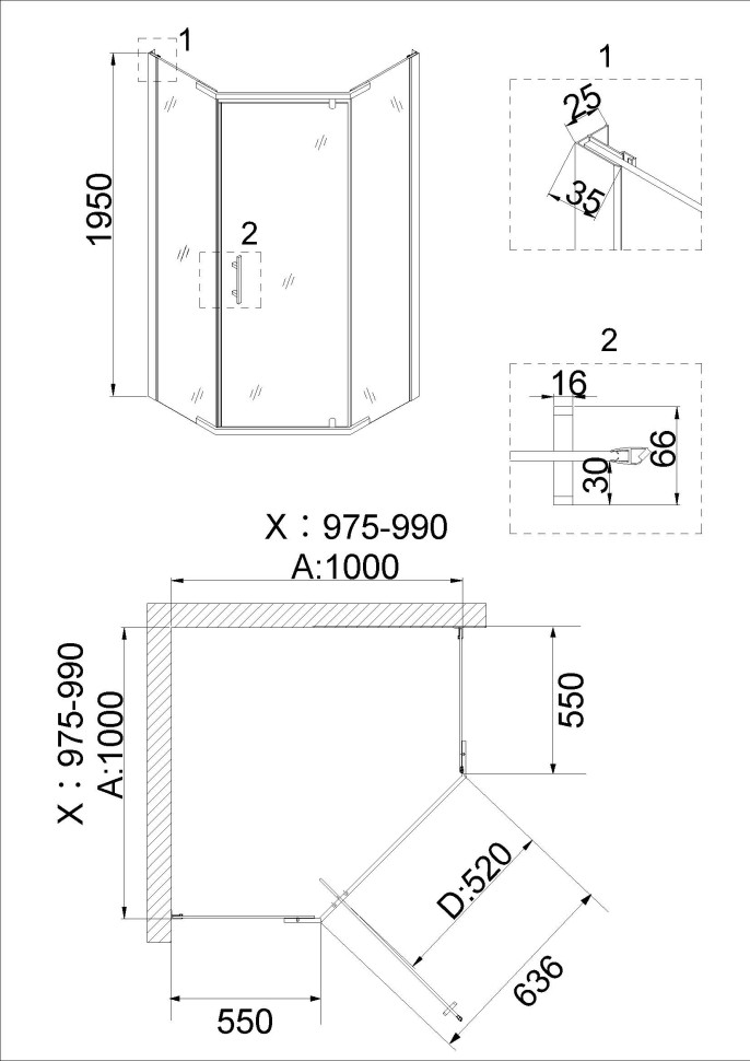 Душевое ограждение Niagara Nova NG-6634-08 (100х100х195) трапеция,хром,дверь распашная,стекло прозрачное,1 место