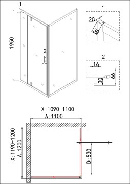 Душевое ограждение Niagara Nova NG-43-12AG-A110G (120х110х195) прямоугольник,золото,двери распашные,стекло прозрачное,2 места