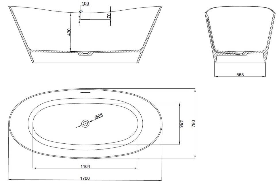 Ванна из искусственного камня Vincea VBT-4S08MW, 1700*780*620, белый мат., слив-перелив в комплекте