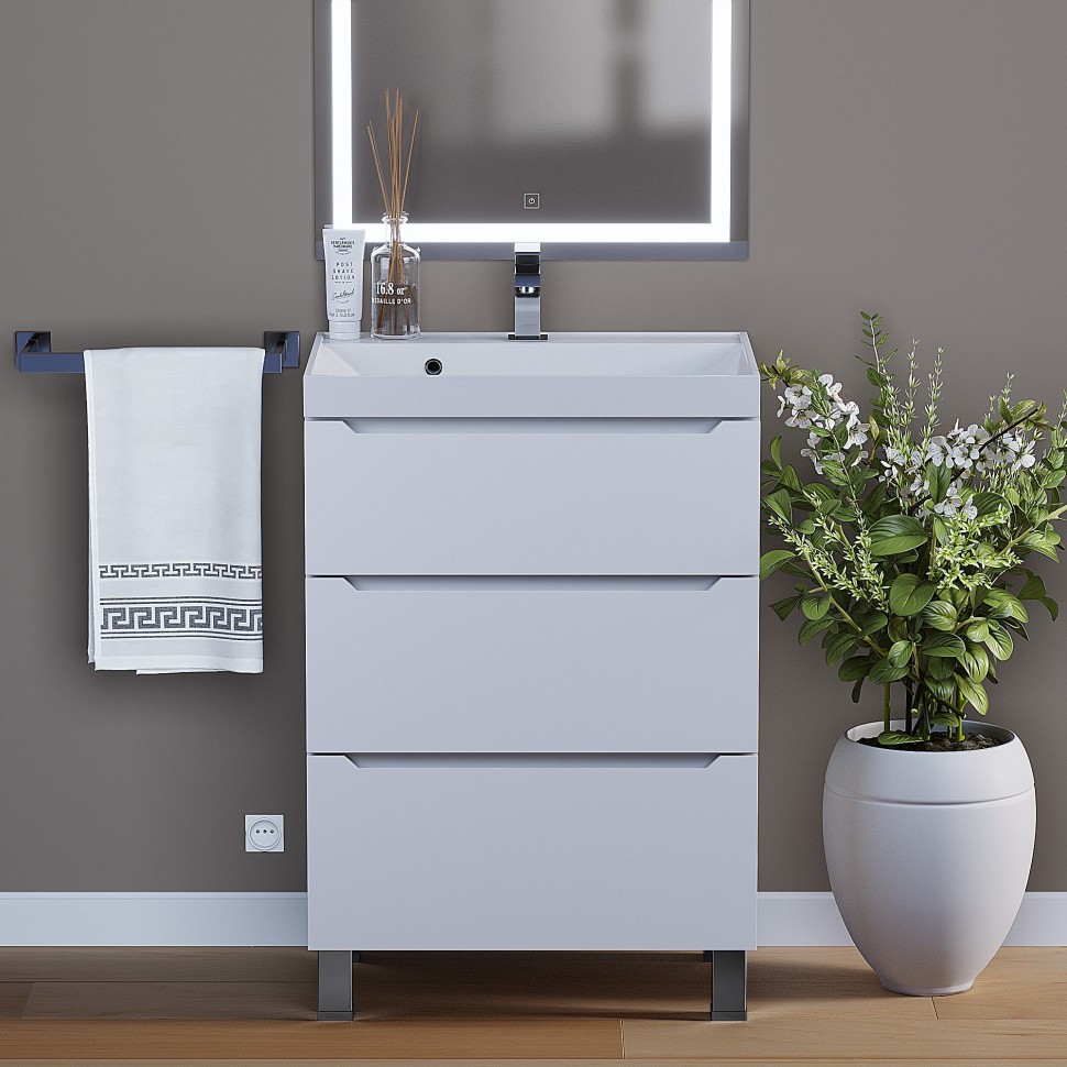 Тумба под раковину 60 см, Uperwood Tanos, напольная, белая, 3 ящика
