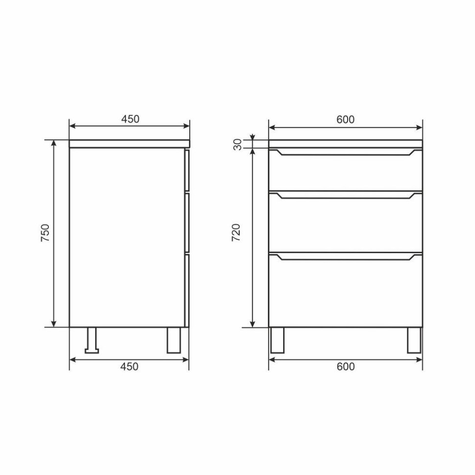 Тумба под раковину 60 см, Uperwood Tanos, напольная, белая, 3 ящика