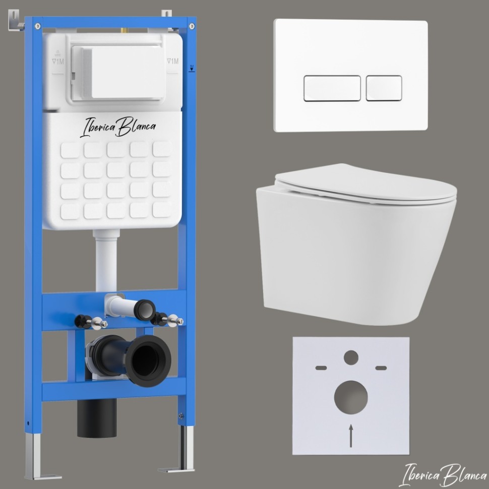 Комплект 3в1 IBERICA BLANCA инсталляция SILENCIO, унитаз BURGOS ALTO белый, кнопка смыва ESTI-R белый глянцевый (IB001.BRA.231.211)