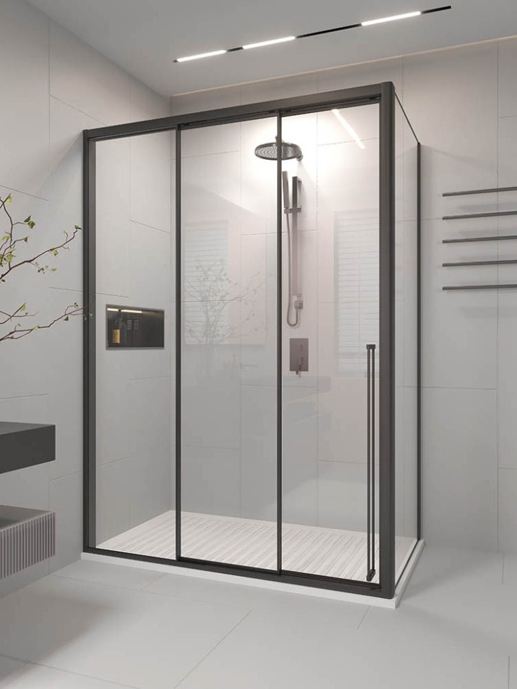 Душевой угол раздвижной Veconi Premium Prato 300 SP B-L, 1400х1000x2000, черный матовый, стекло прозрачное