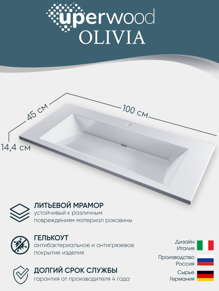 Раковина для ванной 100 см, Uperwood Olivia, с щелевым сливом, белая глянцевая
