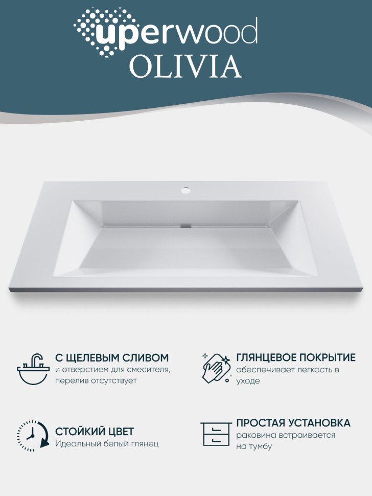 Раковина для ванной 100 см, Uperwood Olivia, с щелевым сливом, белая глянцевая
