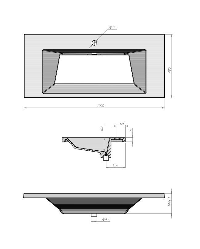 Раковина для ванной 100 см, Uperwood Olivia, с щелевым сливом, белая глянцевая