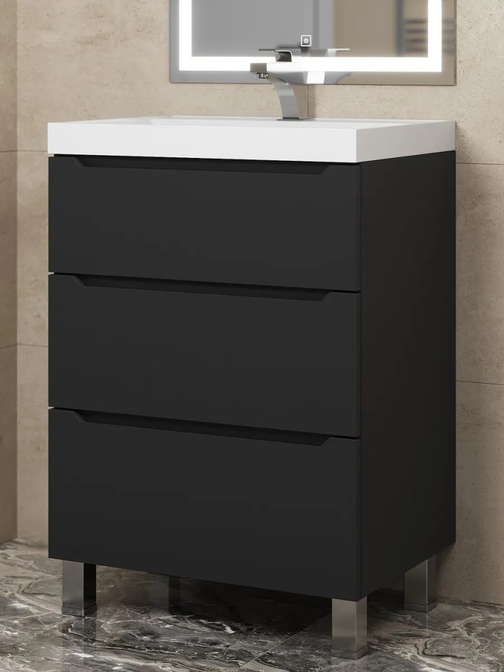 Тумба под раковину 60 см, Uperwood Tanos, напольная, черная, 3 ящика