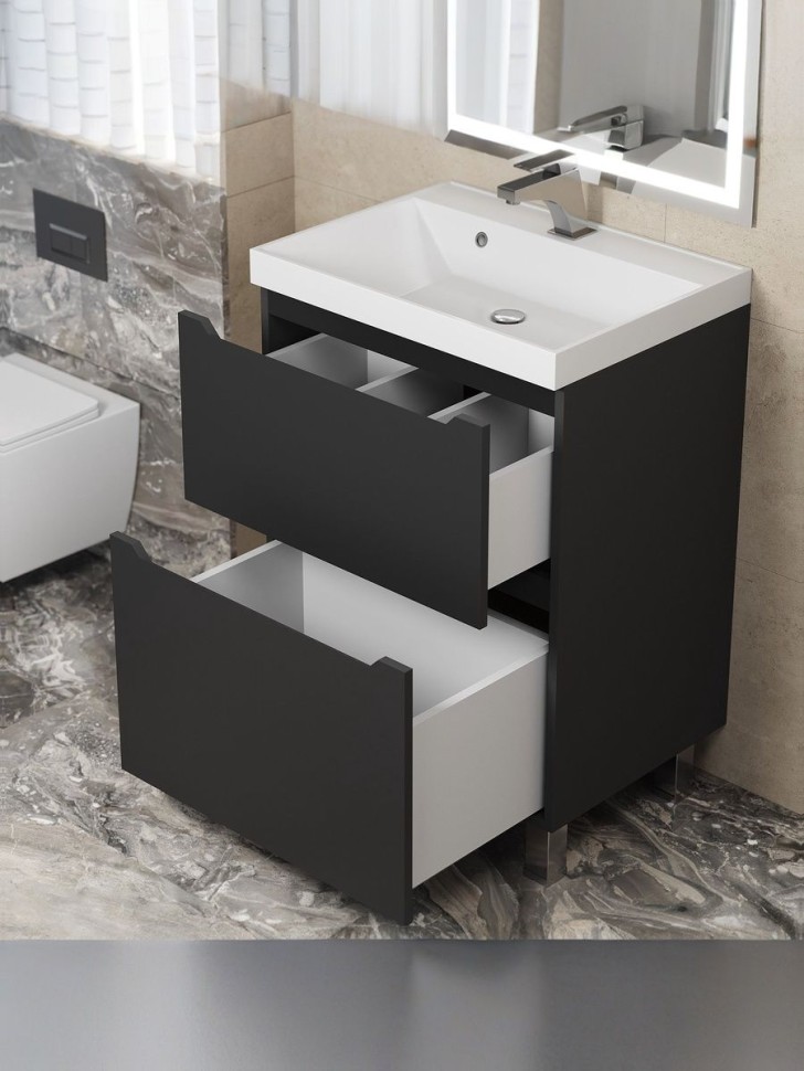 Тумба под раковину 60 см, Uperwood Tanos, напольная, черная, 2 ящика