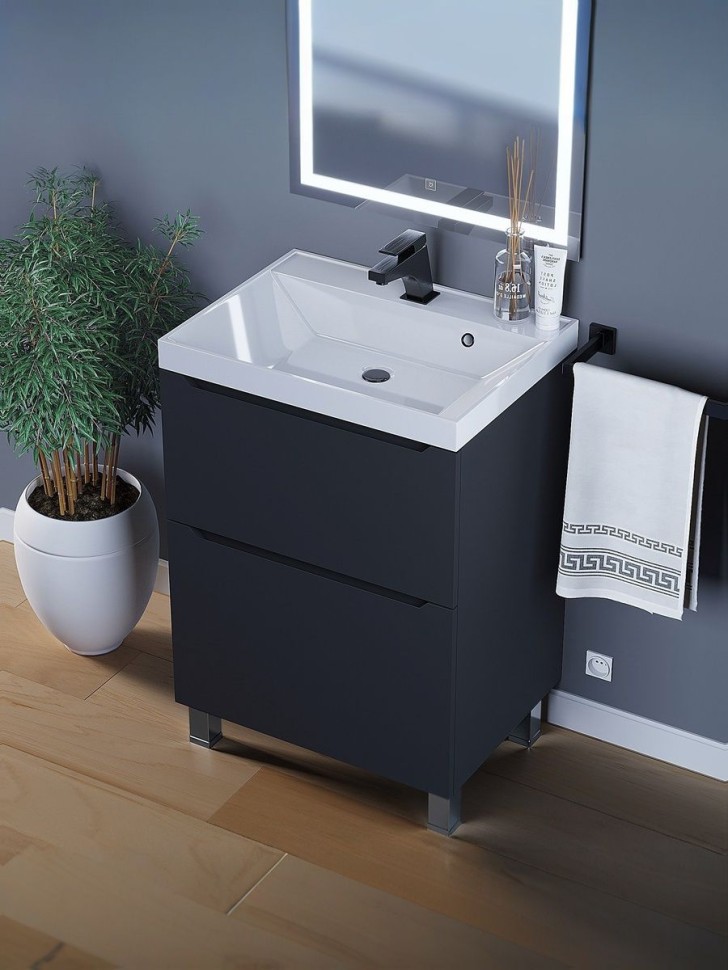 Тумба под раковину 60 см, Uperwood Tanos, напольная, черная, 2 ящика