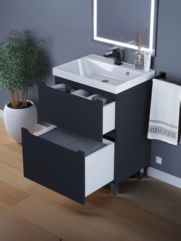 Тумба под раковину 60 см, Uperwood Tanos, напольная, черная, 2 ящика