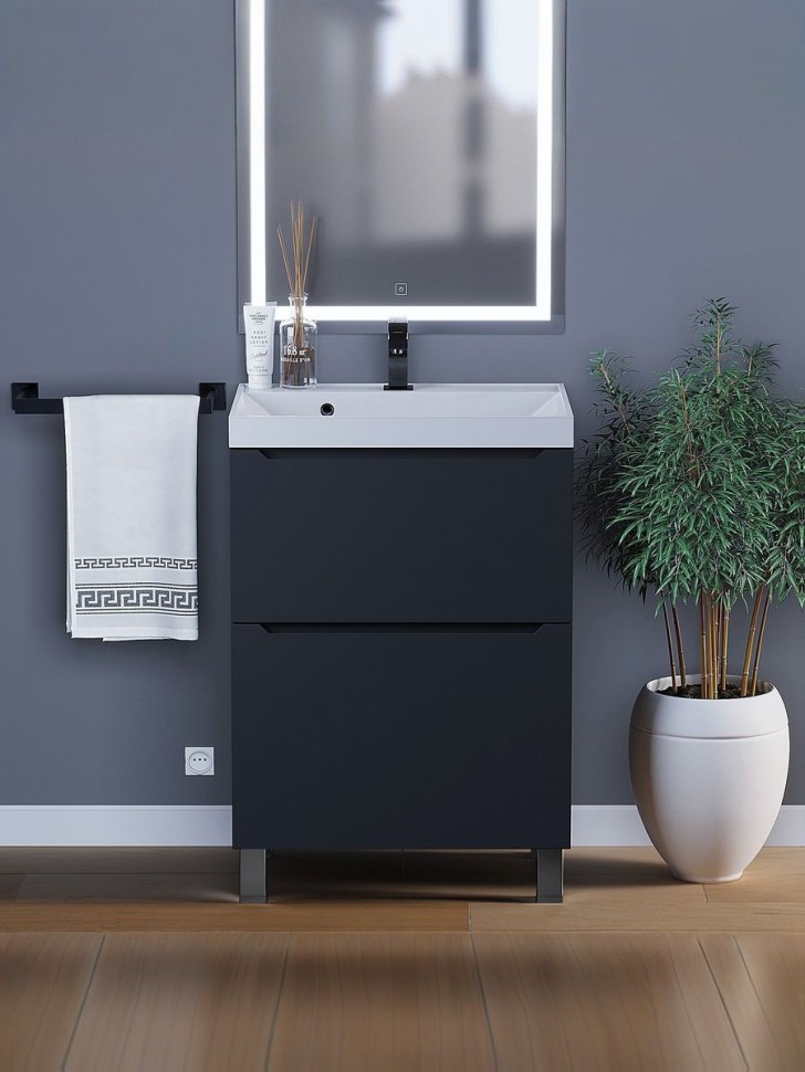 Тумба под раковину 60 см, Uperwood Tanos, напольная, черная, 2 ящика